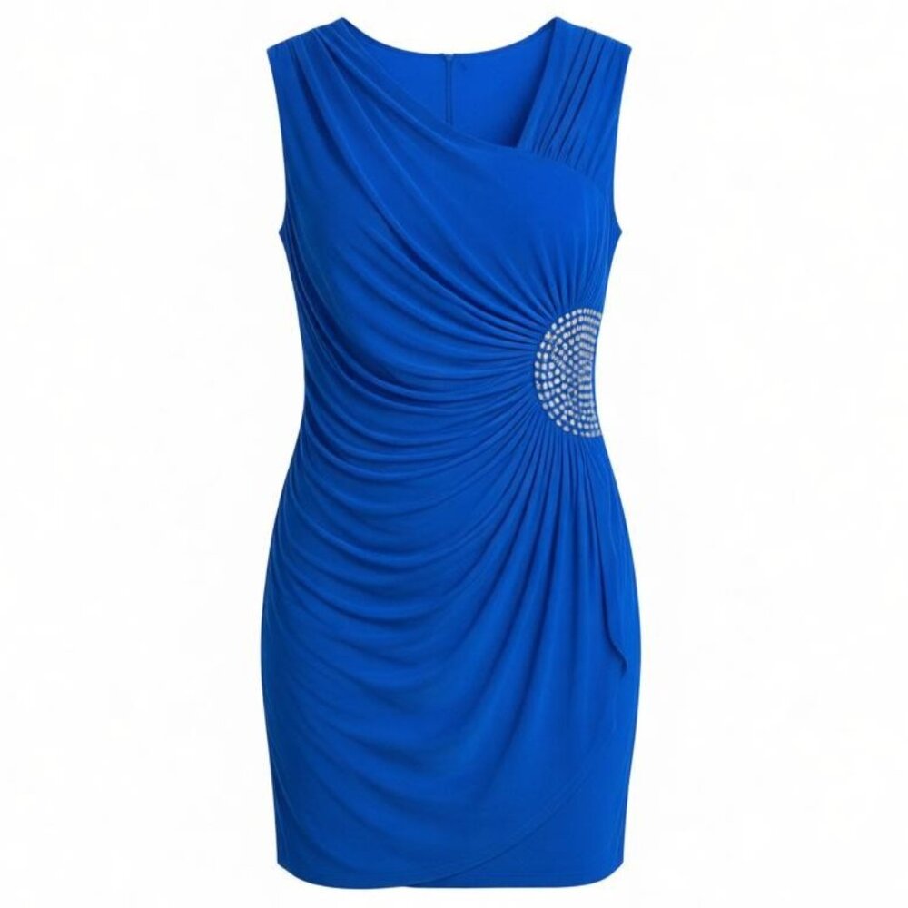 Frank Lyman Sheath Dress Formal Faux Wrap Skirt Dress w/ Asymmetrical Neck Sz14